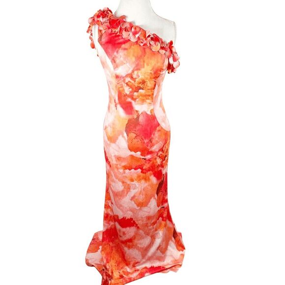 Rene Ruiz Collection One Shoulder 3D Applique Gown Fit Flare Dress Orange Size 2 - Picture 1 of 12